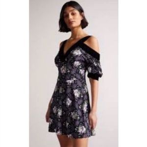 NWT TED BAKER LEILIA SKATER VELVET TRIM FLORAL DRESS SZ US 8/10 TED SZ 3